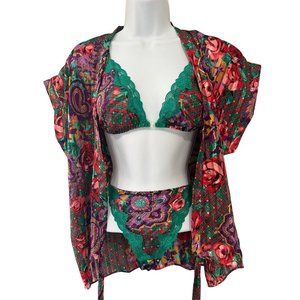 VINTAGE Victoria’s Secret Gold Label Bra Panties Satin Lace Kimono Tie Size M